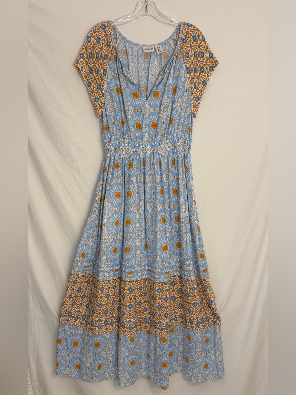 Rachel Zoe Light Blue Daisy-Print Tiered Maxi Dress with Golden Accents
